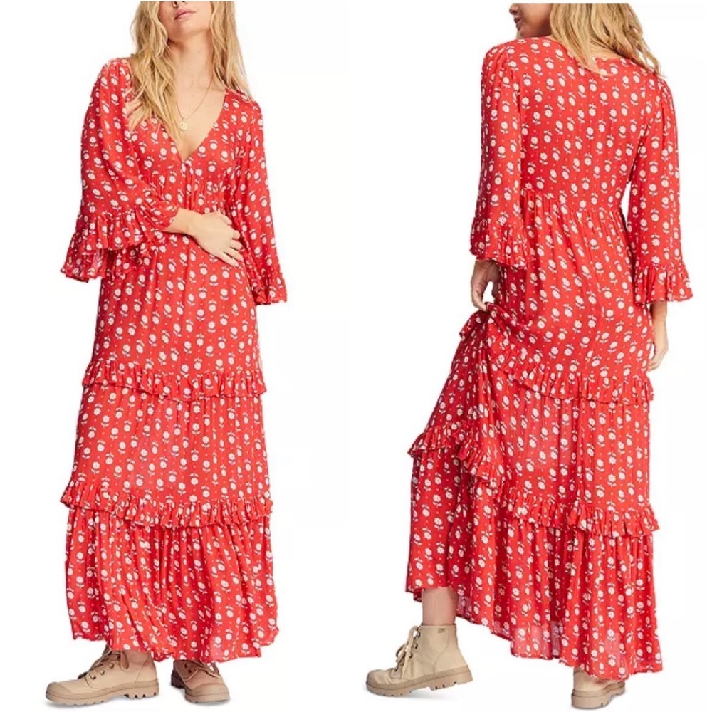 Billabong Time After Time Red Daisy Floral Tiered Maxi Dress Medium